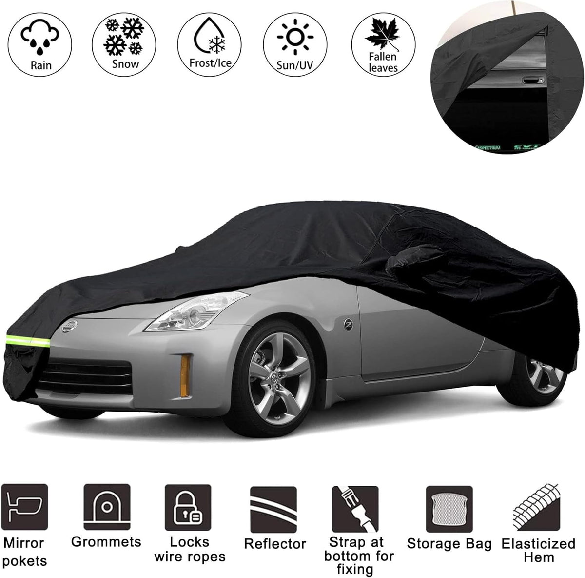 Waterproof Car Cover for 2003-2009 Nissan 350Z, 190T, Black G5435