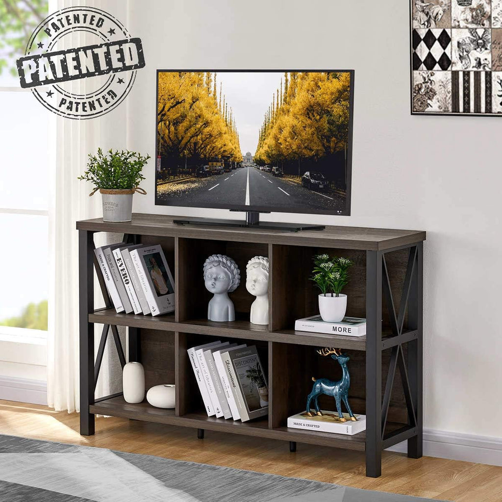 Rustic 6 Cube Storage Organizer with Shelf, Wood and Metal Cubby Bookcase, Industrial Horizontal Bookshelf G65290