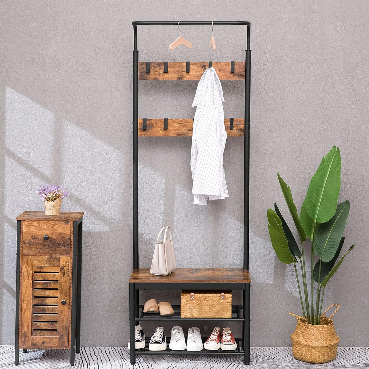 Rustic Brown Storage Cabinet with Drawer and Height-Adjustable Shelves V566
