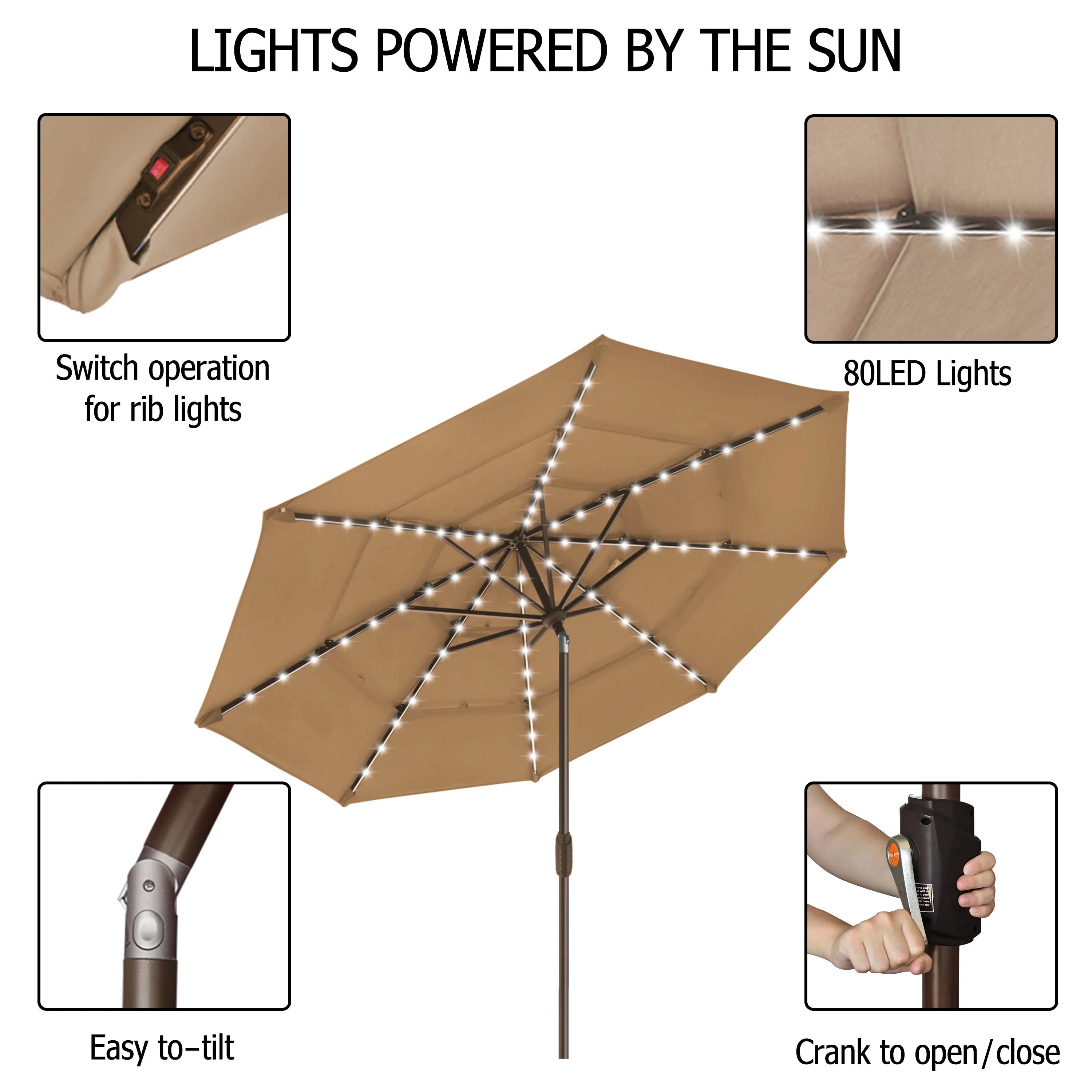 Tan 9ft 3 Tiers Market Umbrella with 80 LED Lights I16411