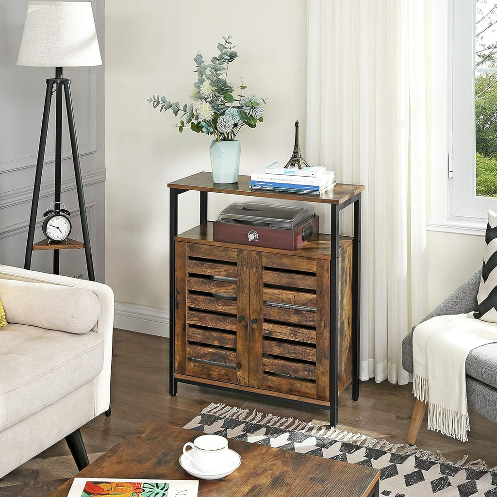 Rustic Brown and Black Storage Cabinet with 3 Open Shelves and Closed Compartments N726
