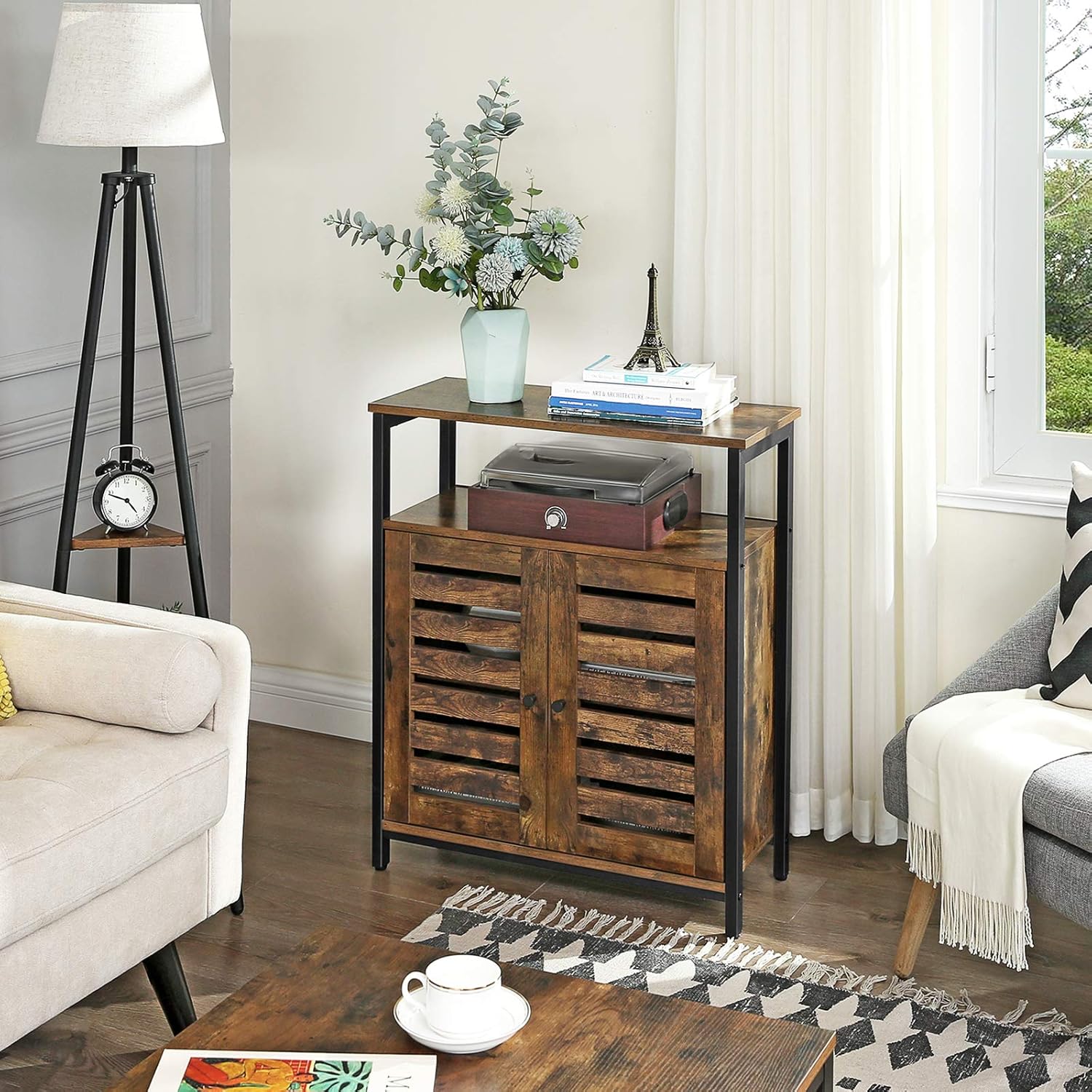 Rustic Brown and Black Storage Cabinet with 3 Open Shelves and Closed Compartments N726
