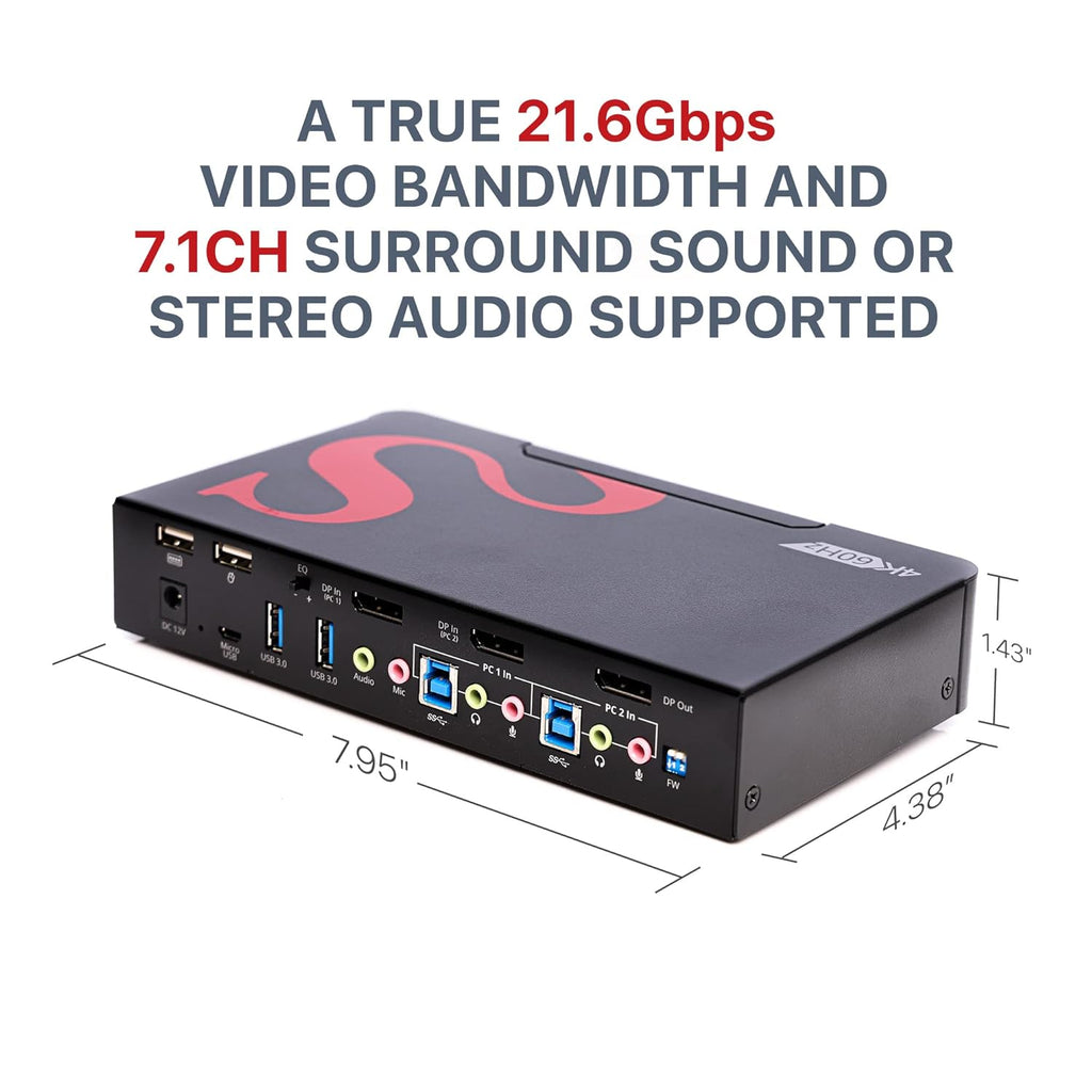 4K DisplayPort KVM Switch with Audio and Microphone, USB 3.0 x4, USB 2.0 x2, Cables Included, Metal Housing Z534126
