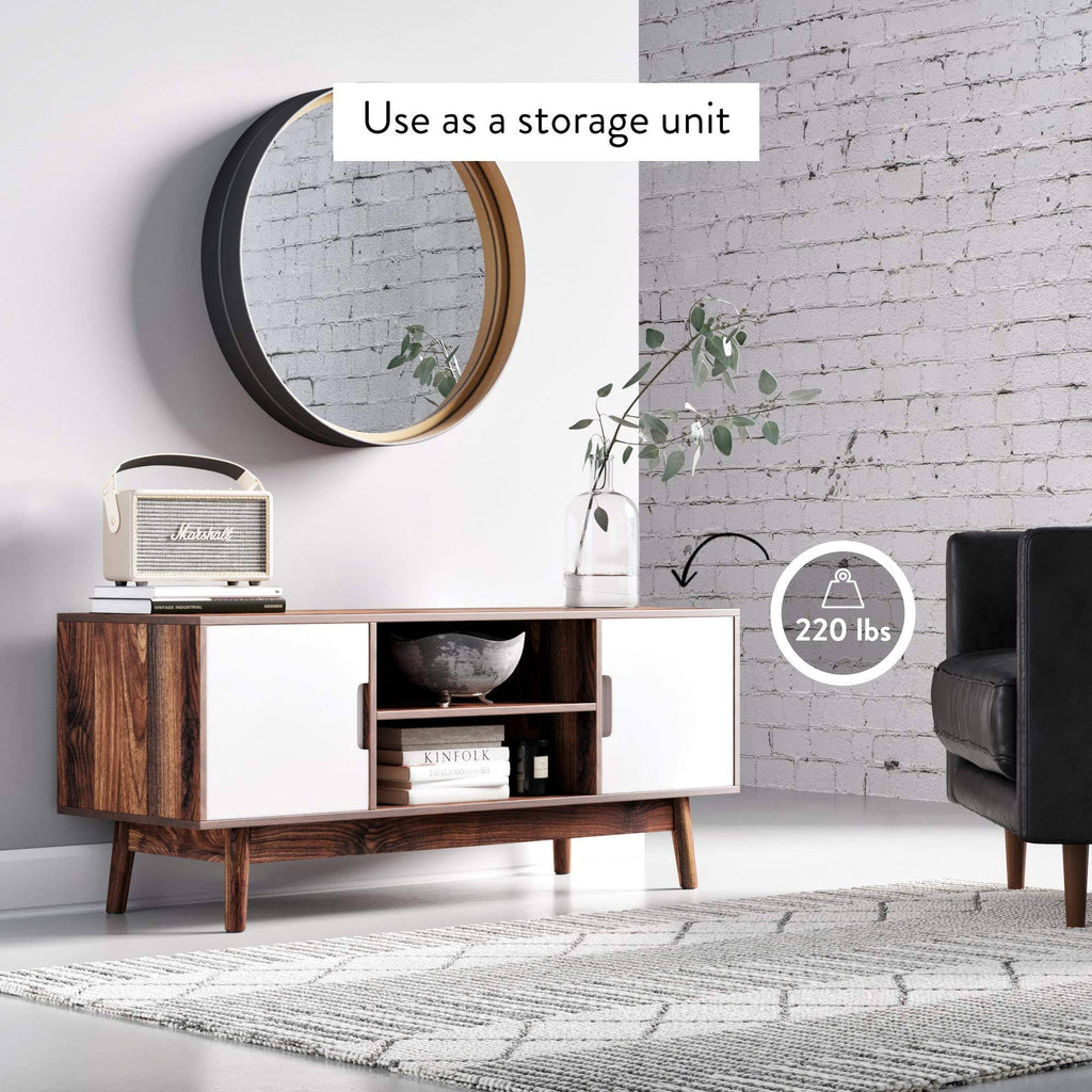 Brown Scandinavian TV Stand with White Cabinet Doors R7484
