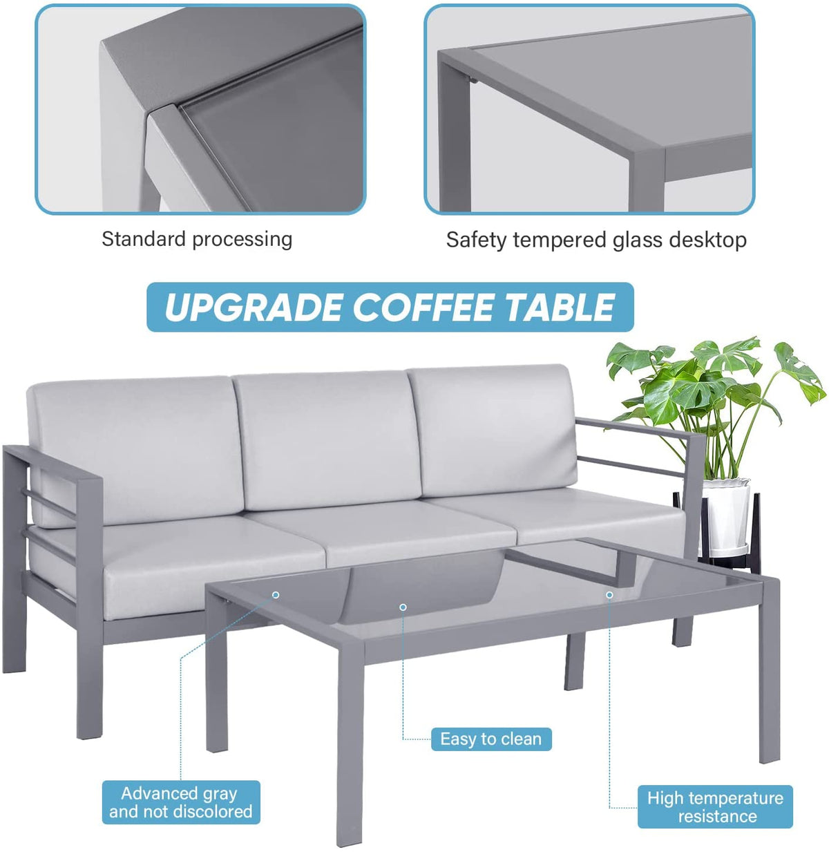 4 Pieces Metal Patio Sectional Sofa with Cushions and Coffee Table C465