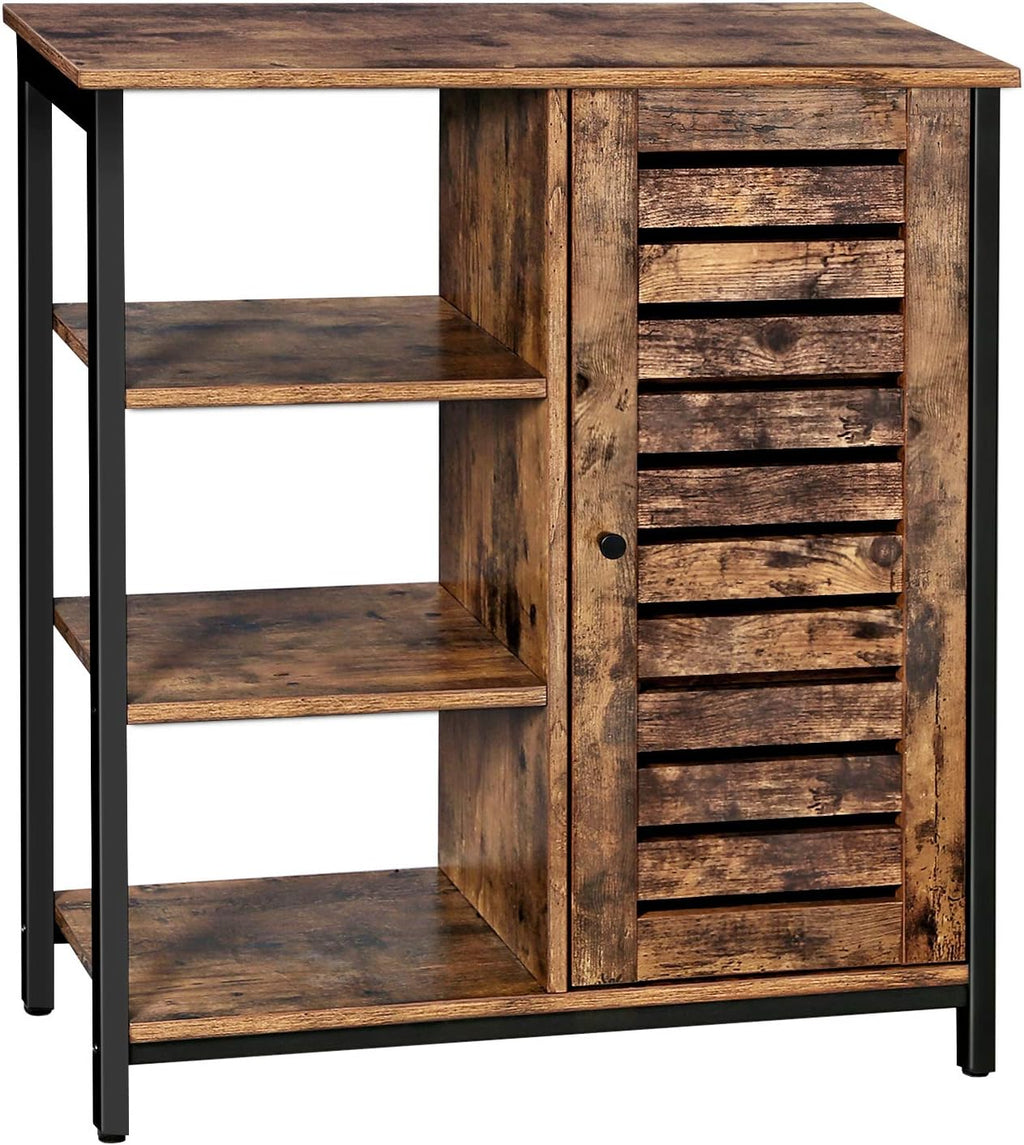 Rustic Brown and Black Storage Cabinet with 3 Open Shelves and Closed Compartments N726