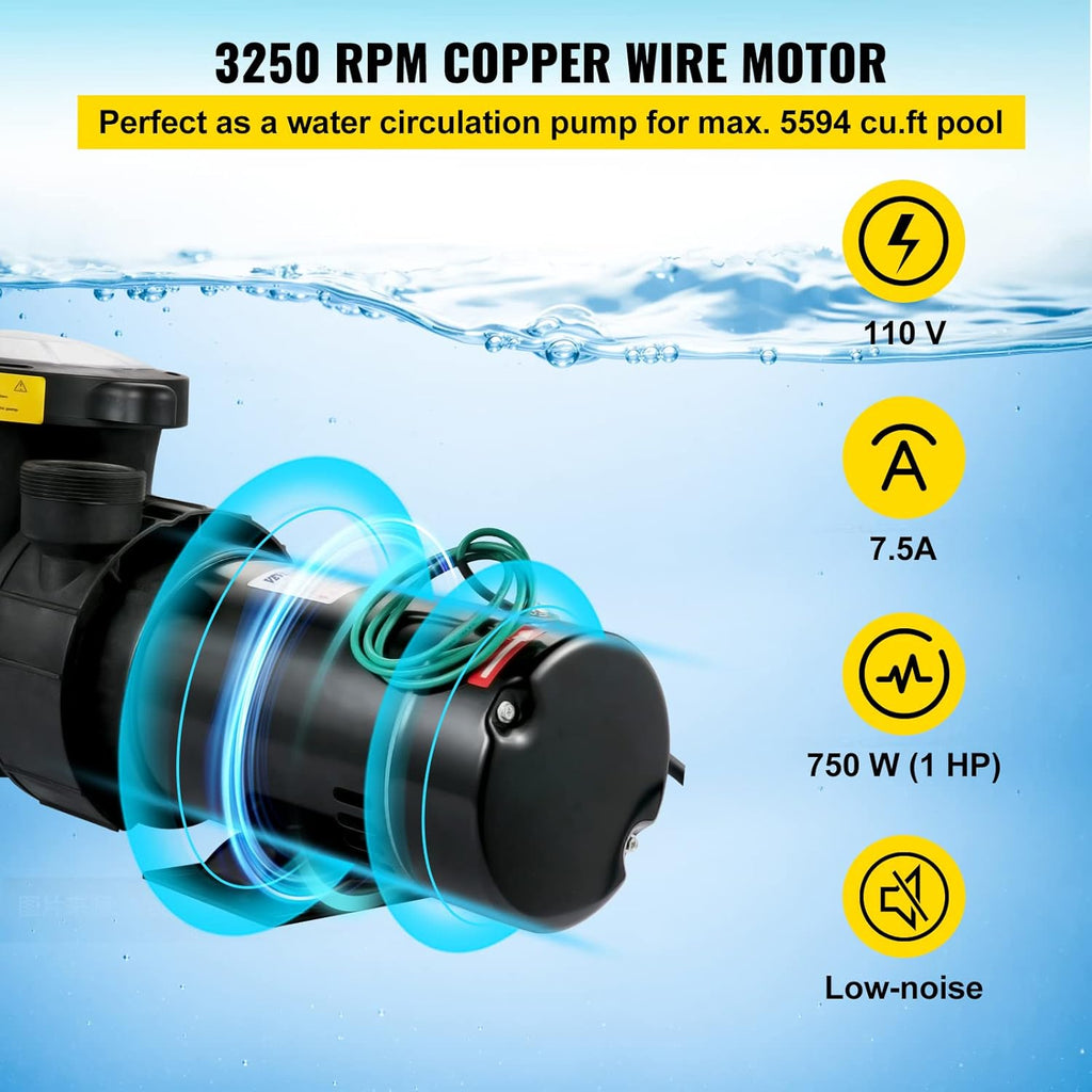 1HP 110V 5220GPH Self-priming Swimming Pool Pump with Strainer Basket and 2pcs 1-1/2'' NPT Connectors K7717