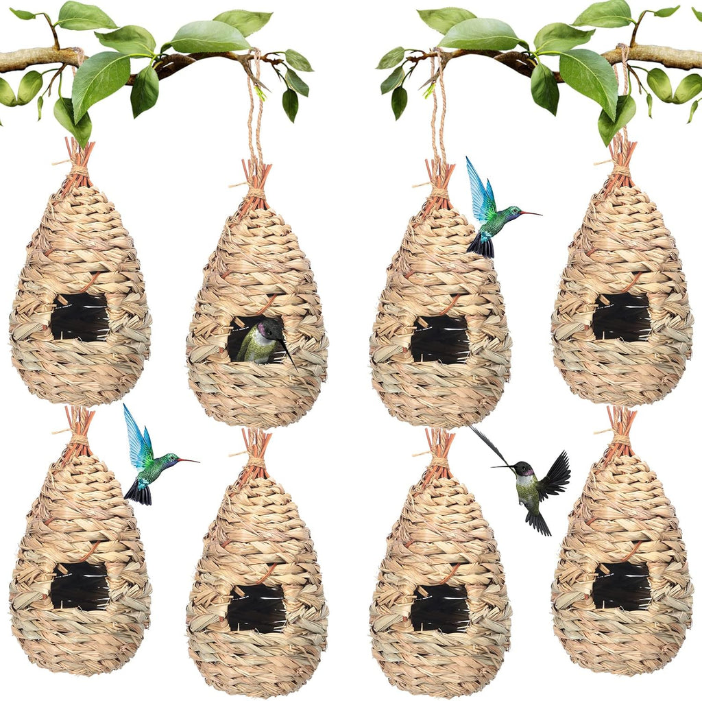 8 Pack 9.45 x 4.33 Inch Hand Woven Natural Fiber Hummingbird Nest Houses E460