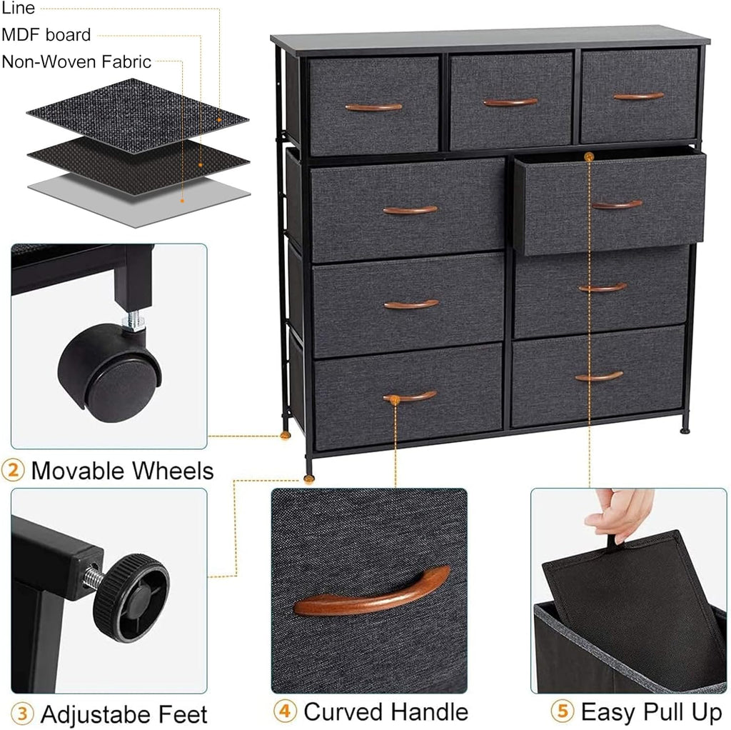 Grey 9 Drawer Dresser with Steel Frame and Wooden Top I26131