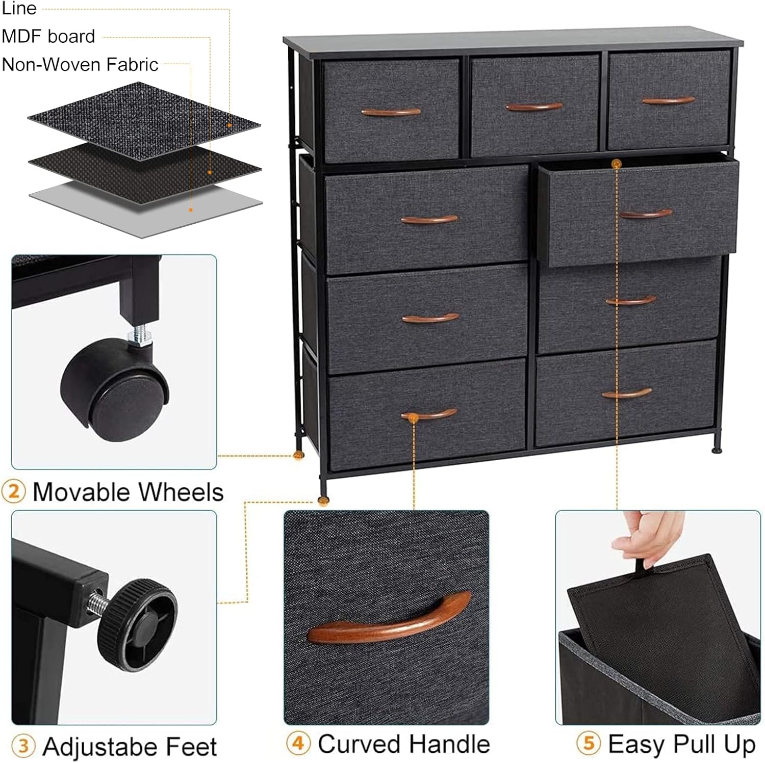 Grey 9 Drawer Dresser with Steel Frame and Wooden Top I26131