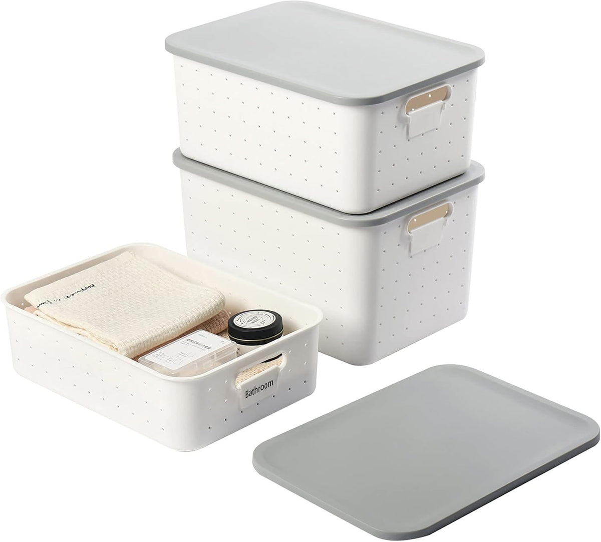 Set of 3 Plastic Storage Bins with Lid, White Stackable Organizer Lidded Basket with Writable Label X920939