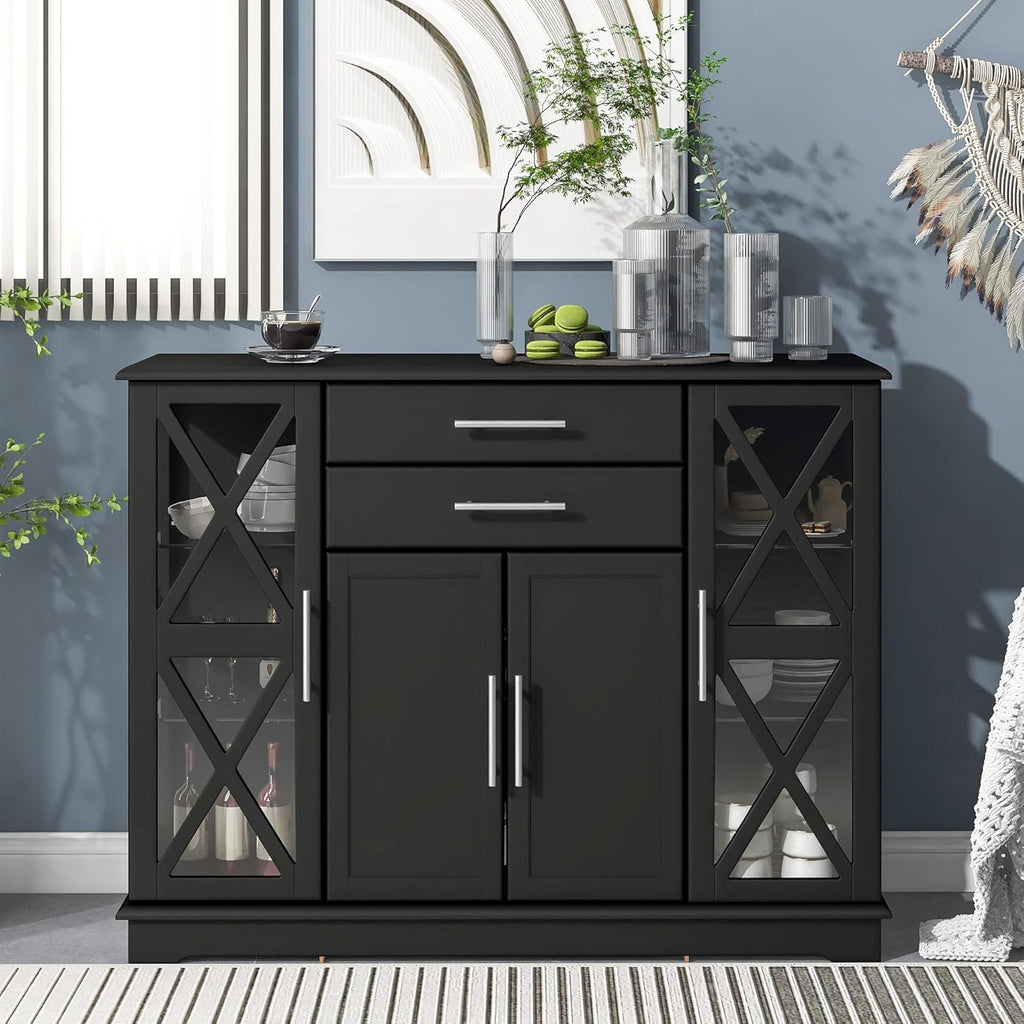 Wood Accent Buffet Sideboard Serving Storage Cabinet with Four Drawers and Two Large Cabinets, Modern Console Table Sofa Table X4595