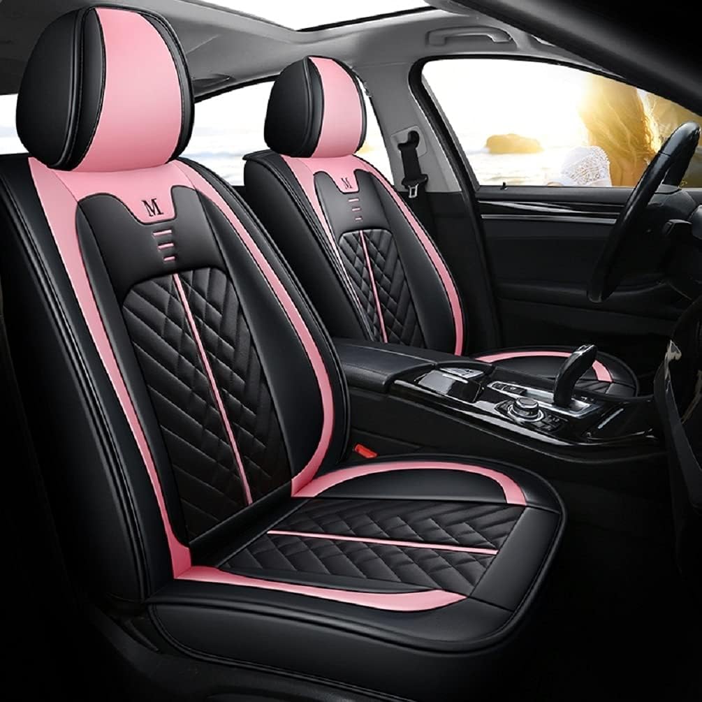 Black Pink PU Leather Car Seat Covers Full Set 5 Seats A8411