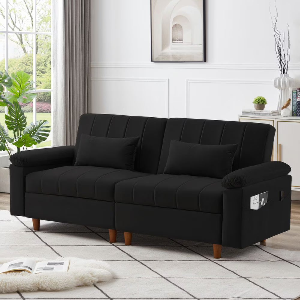 Black Velvet Sleeper Sofa Couch with Storage P72127