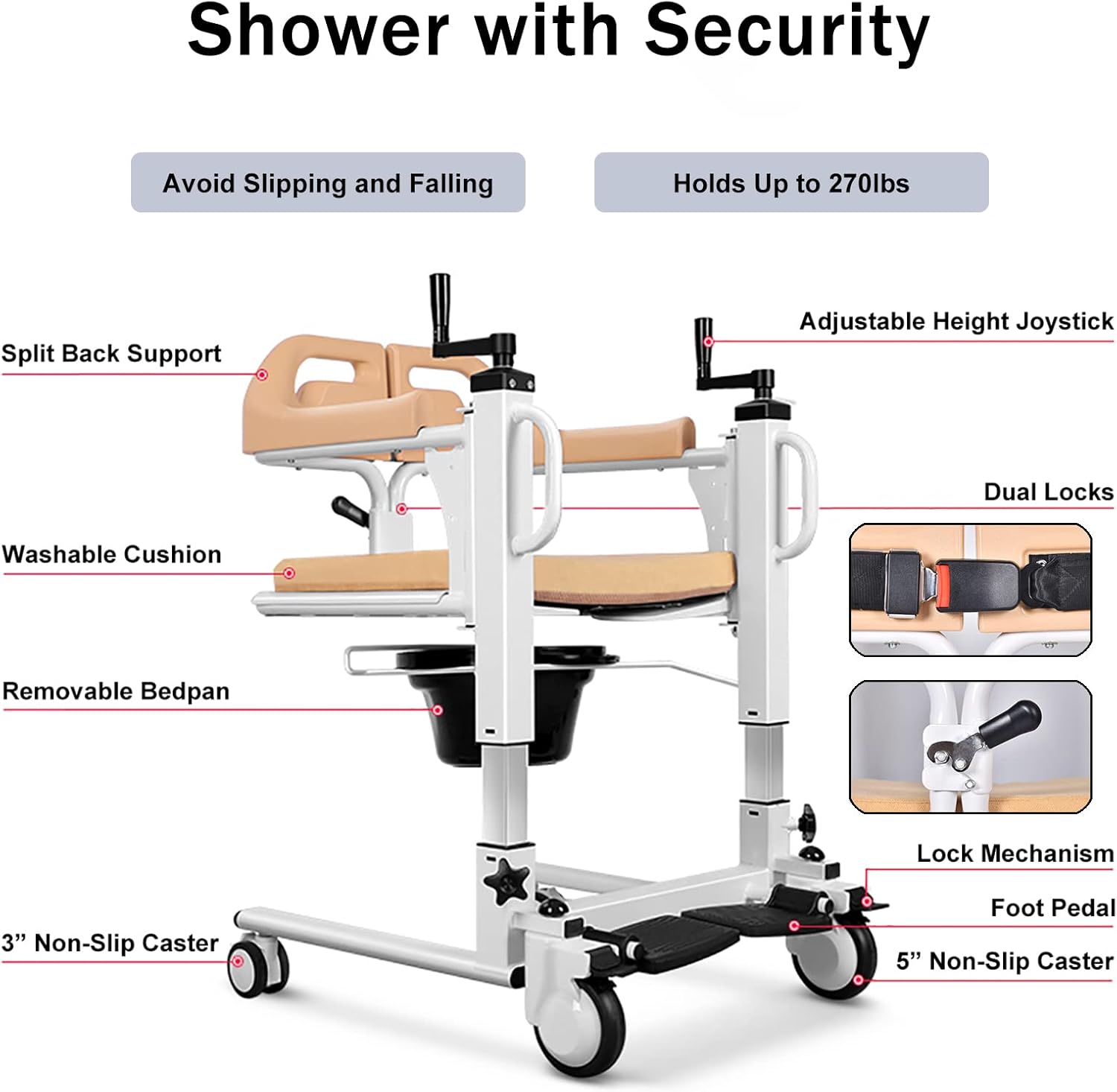 Patient Lift Wheelchair with 180 Split Seat, Bedside Commode D51046