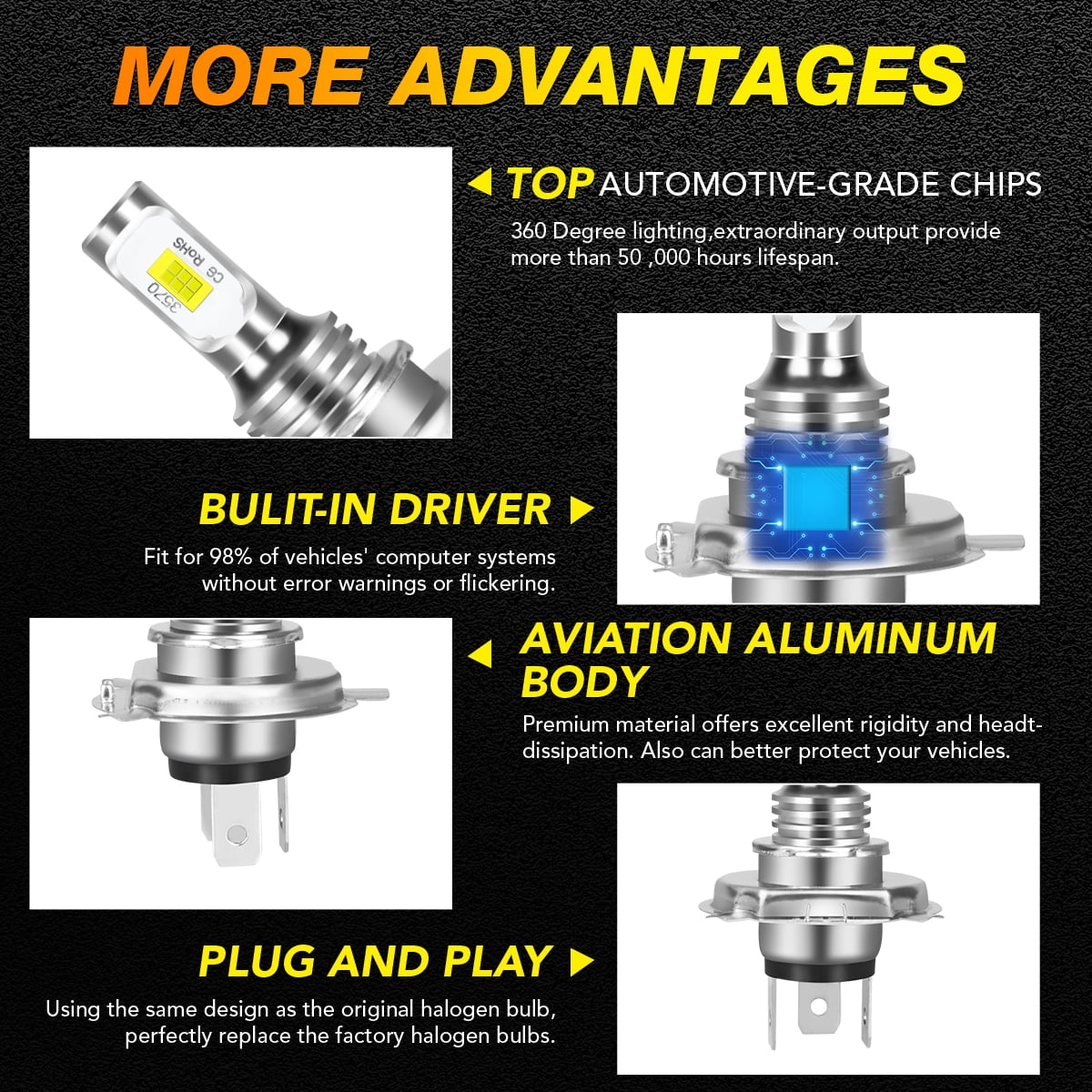 H4 High/Low Beam H11 Fog Light LED Headlight Bulbs 6000K White 4Pcs Z89336