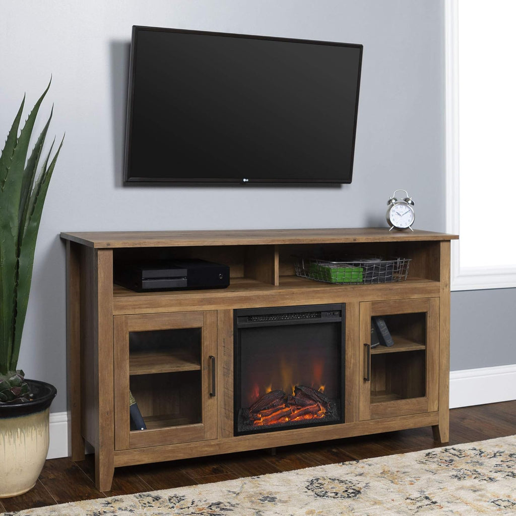 Rustic Wood and Glass Fireplace TV Stand, 58 Inch, Traditional Brown Y2622
