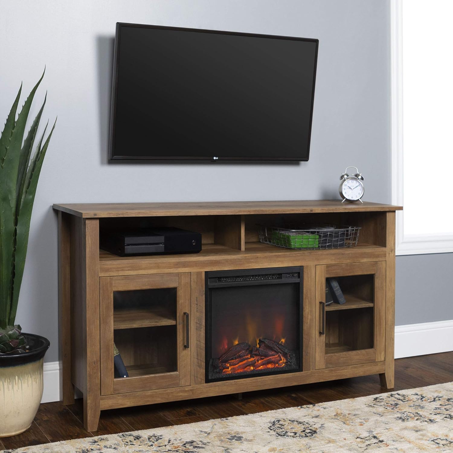 Rustic Wood and Glass Fireplace TV Stand, 58 Inch, Traditional Brown Y2622