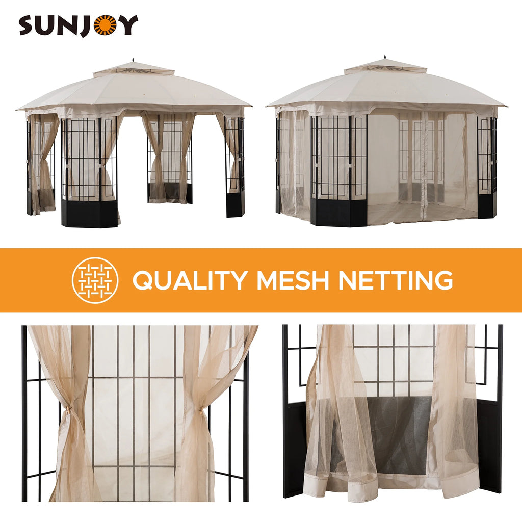 Black Steel Frame 2-Tier Soft Top Octagon Gazebo with Beige Canopy and Mosquito Netting L183829