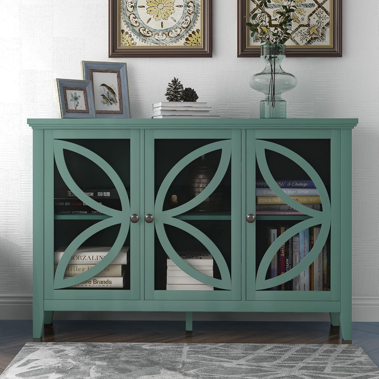 Wood Accent Buffet Sideboard Serving Storage Cabinet with Four Drawers and Two Large Cabinets, Modern Console Table Sofa Table X4595