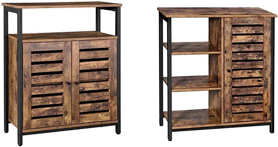 Rustic Brown and Black Storage Cabinet with 3 Open Shelves and Closed Compartments N726