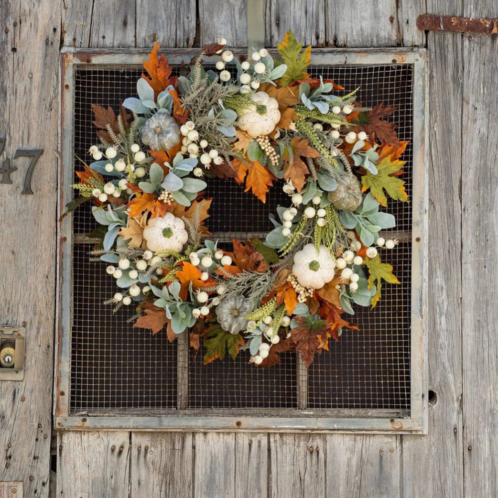18" Artificial Fall Wreath with Pumpkins Berry Maples Leaves E16040
