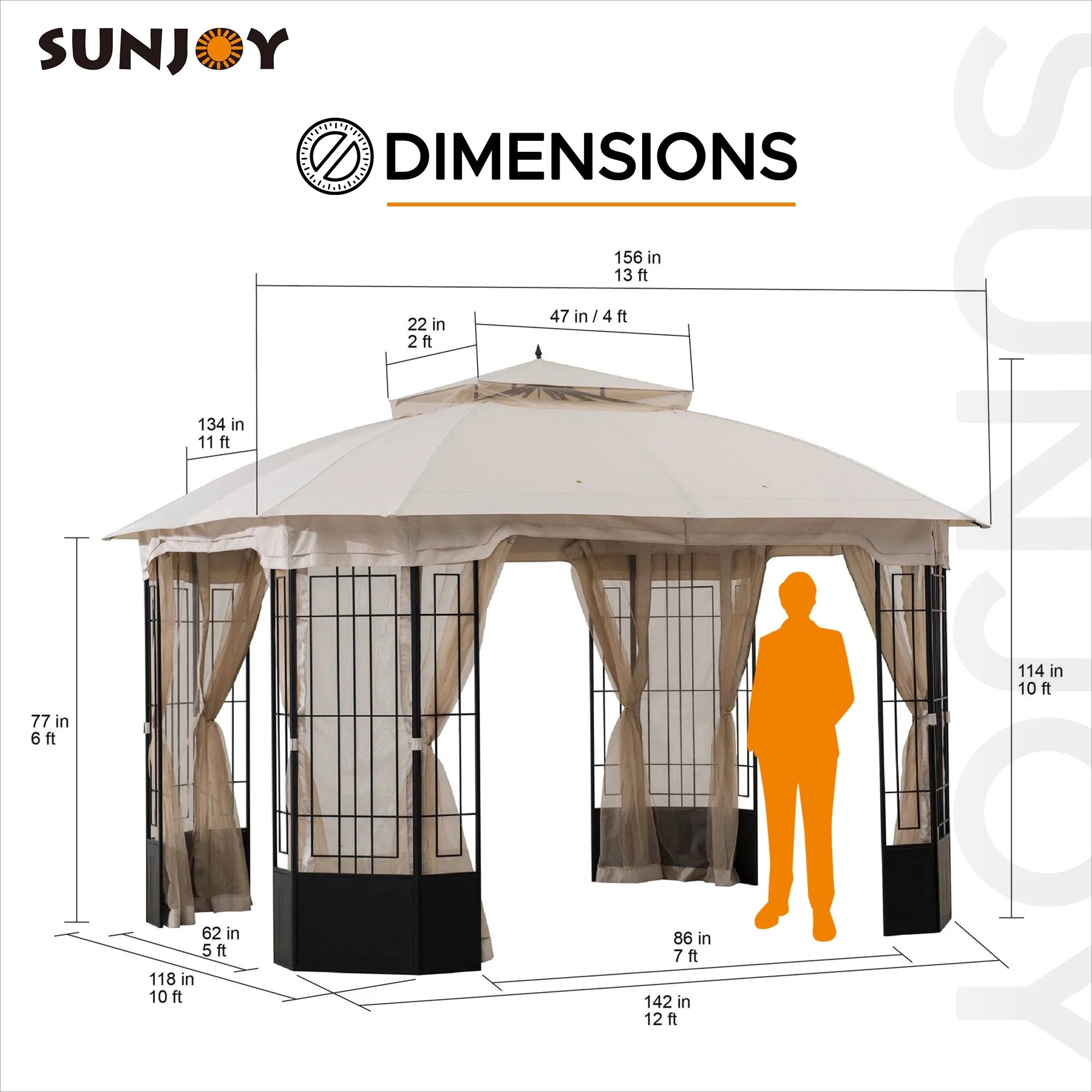 Black Steel Frame 2-Tier Soft Top Octagon Gazebo with Beige Canopy and Mosquito Netting L183829