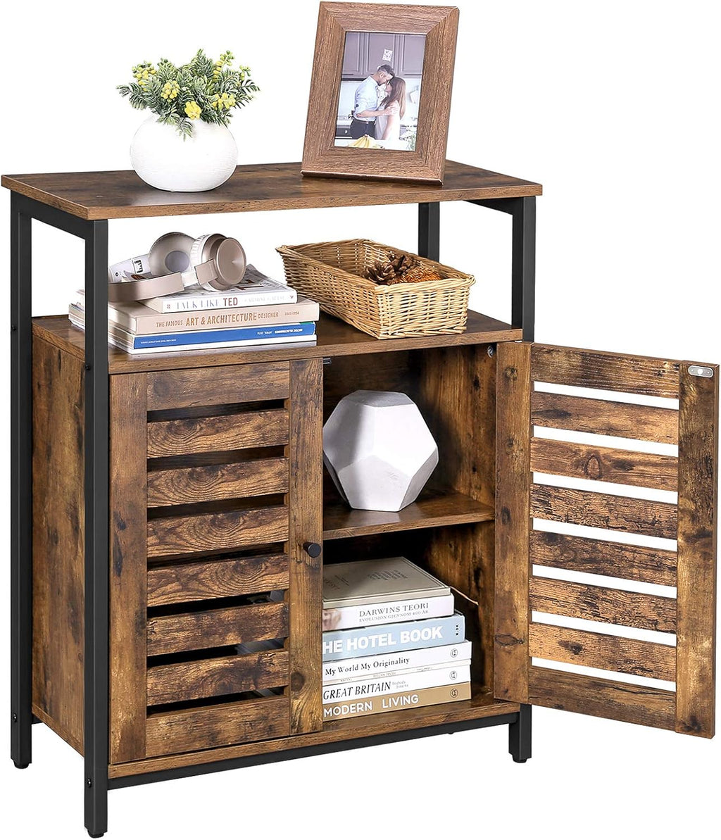 Rustic Brown and Black Storage Cabinet with 3 Open Shelves and Closed Compartments N726