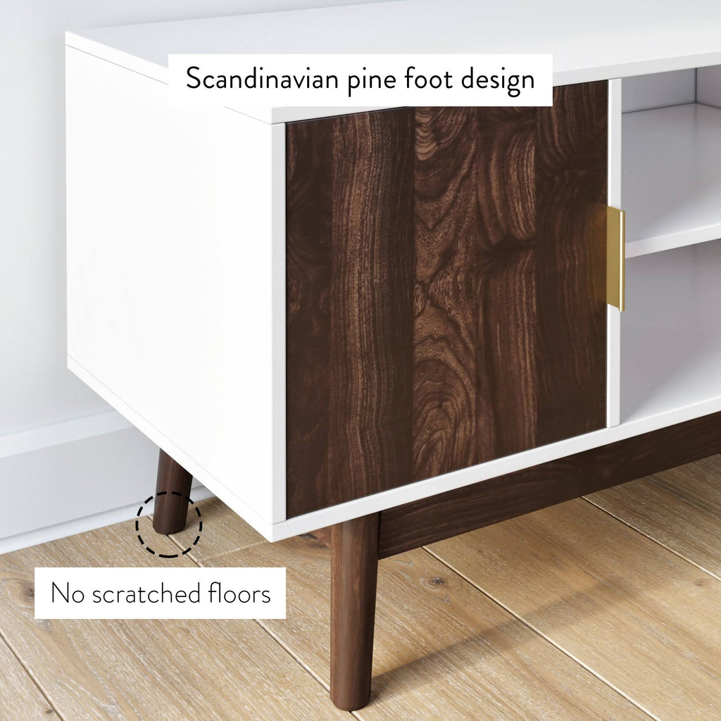 Brown Scandinavian TV Stand with White Cabinet Doors R7484