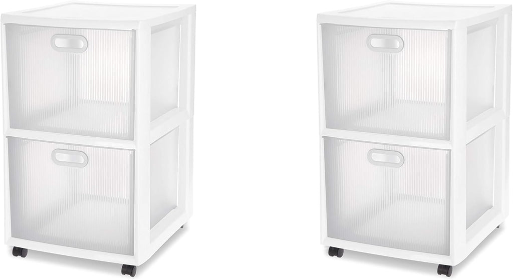 White 2 Drawer Cart with Clear Drawers and Black Casters, 2-Pack I588