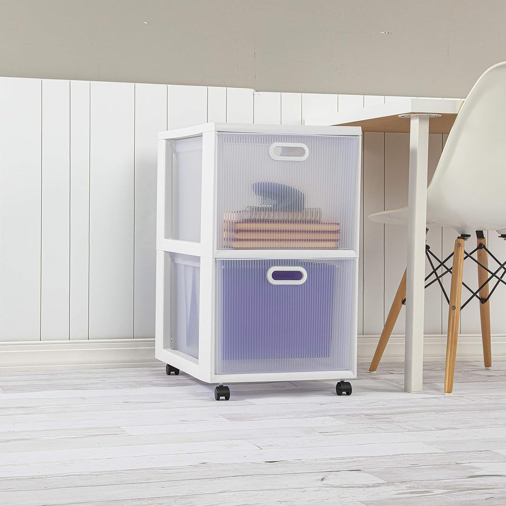 White 2 Drawer Cart with Clear Drawers and Black Casters, 2-Pack I588