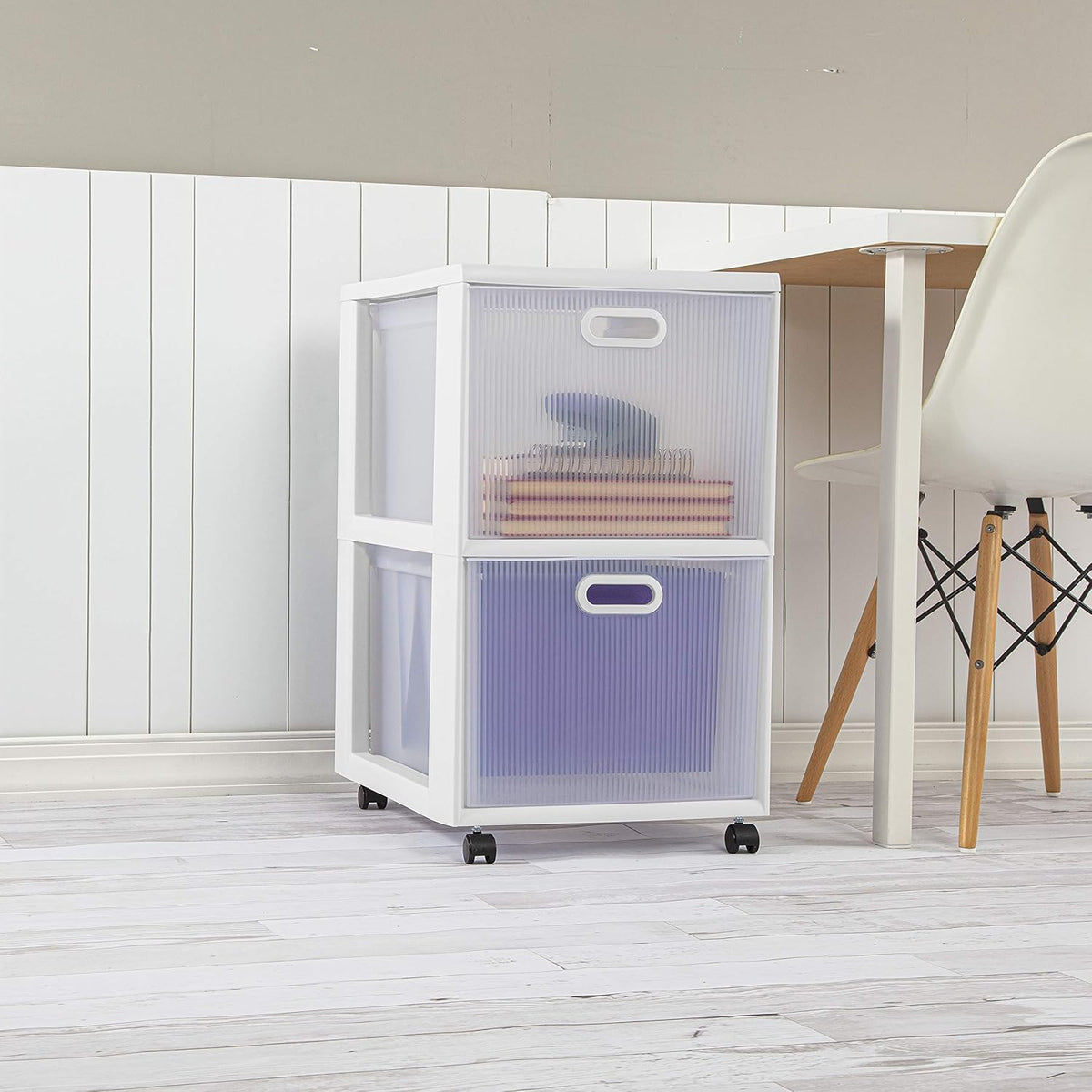 White 2 Drawer Cart with Clear Drawers and Black Casters, 2-Pack I588