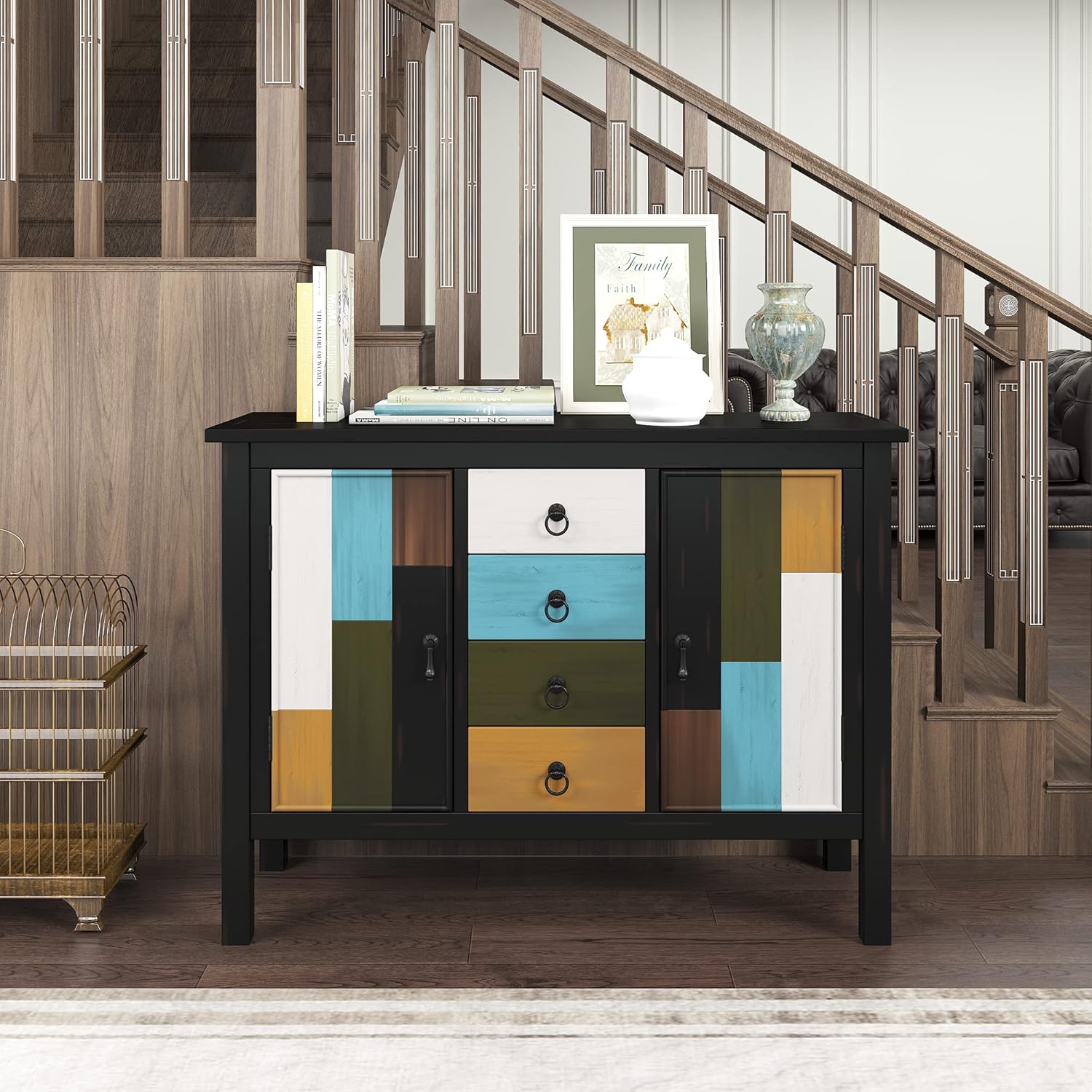 Wood Accent Buffet Sideboard Serving Storage Cabinet with Four Drawers and Two Large Cabinets, Modern Console Table Sofa Table X4595