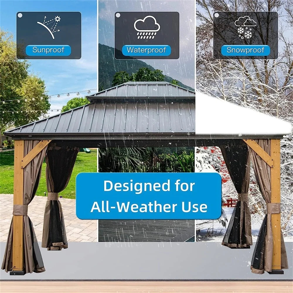 12'x14' Outdoor Wood Frame Hardtop Gazebo with Galvanized Steel Double Roof U541
