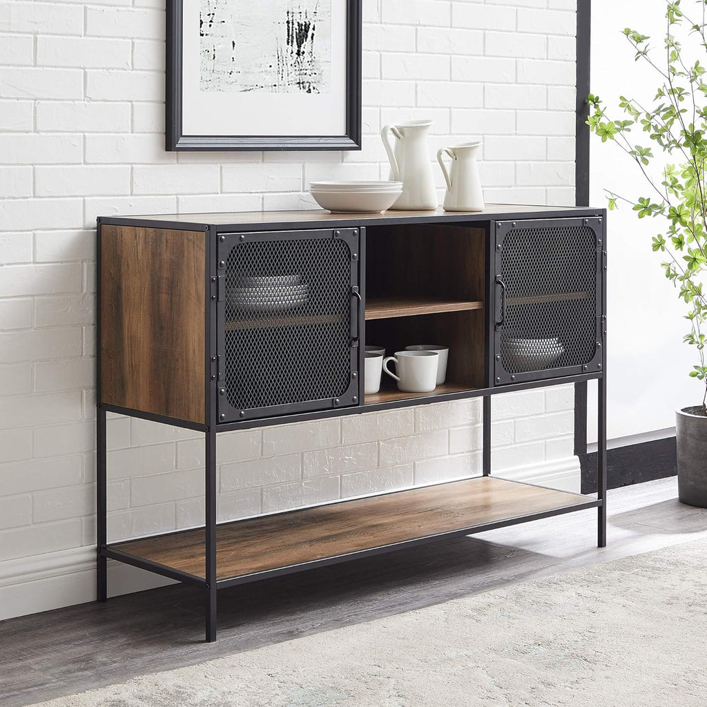 Rustic Oak Metal Mesh Double Door Rolling Bar Cabinet W64813