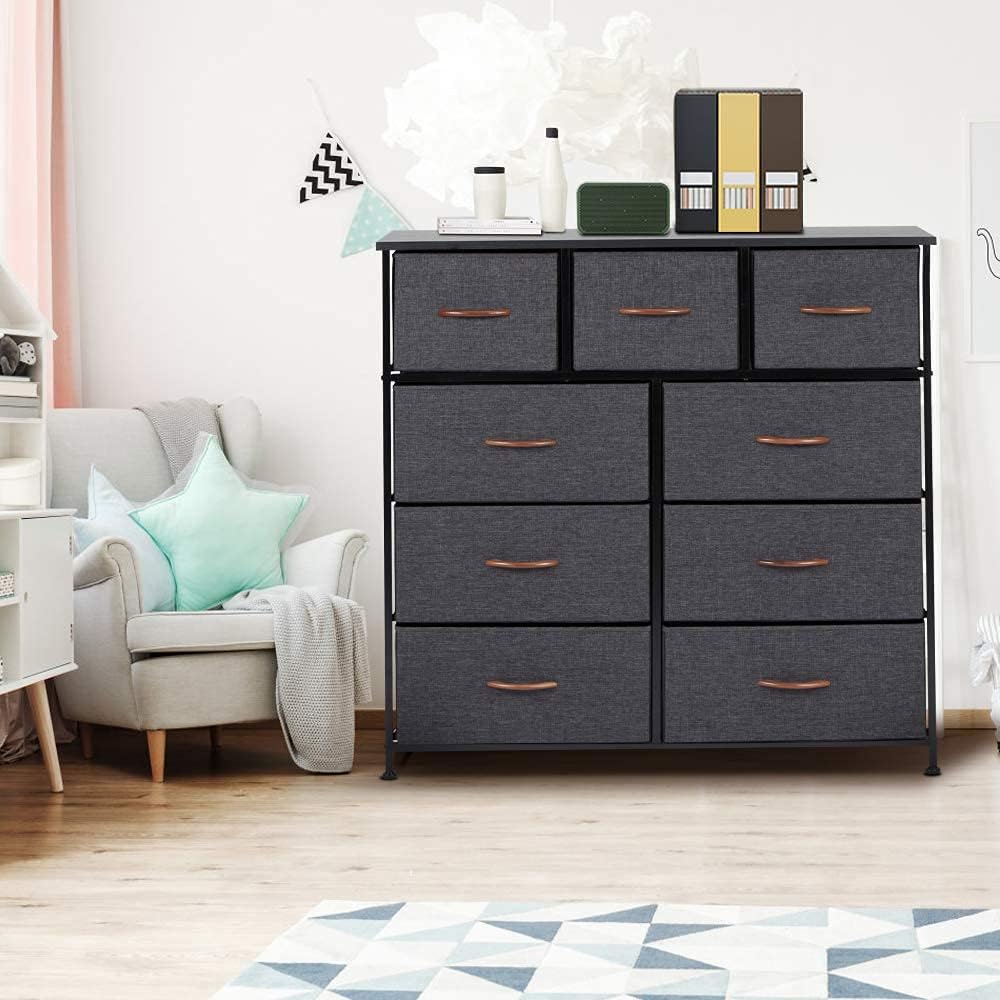 Grey 9 Drawer Dresser with Steel Frame and Wooden Top I26131