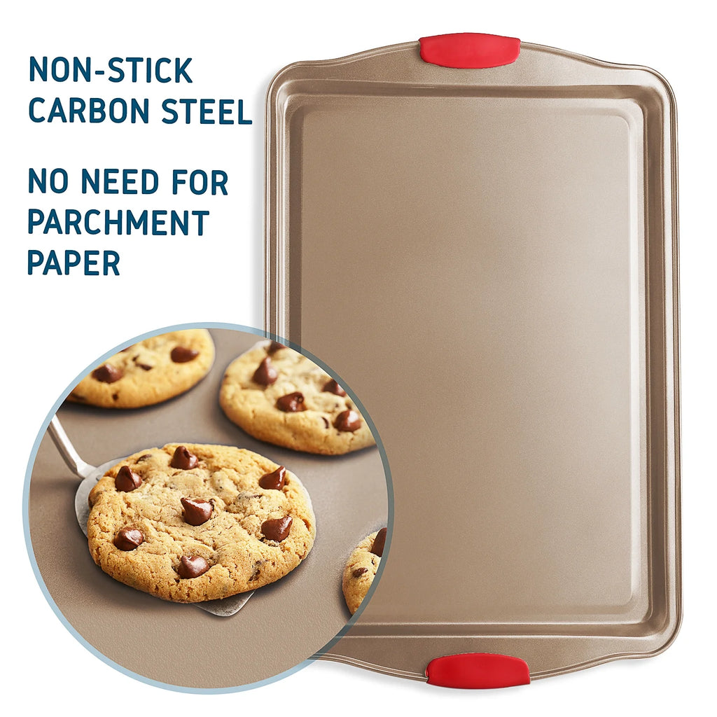 6pc Nonstick Baking Pan Sheet Set with Red Silicone Handles S929