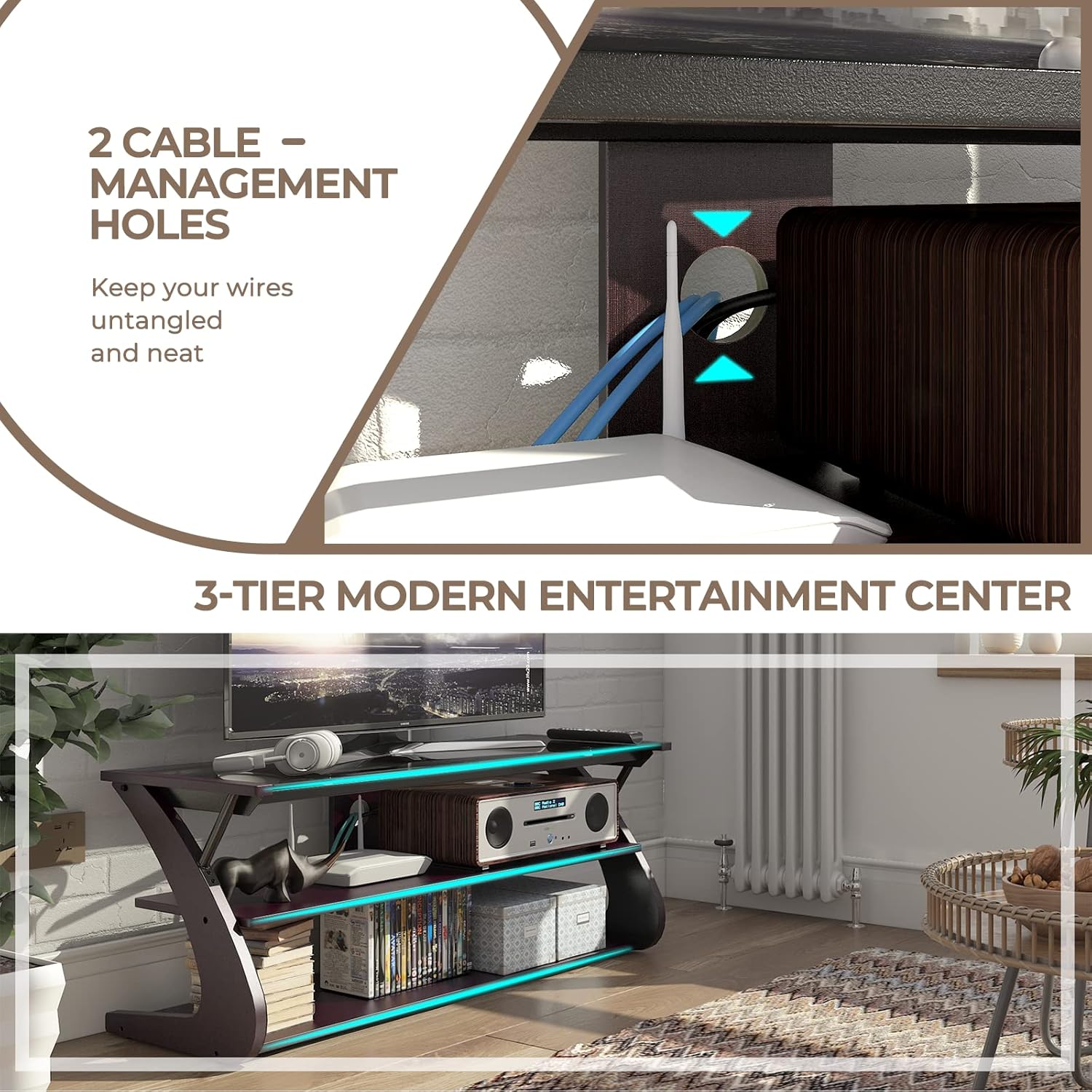 Dark Brown 3-Tier TV Stand with Glass Top S962