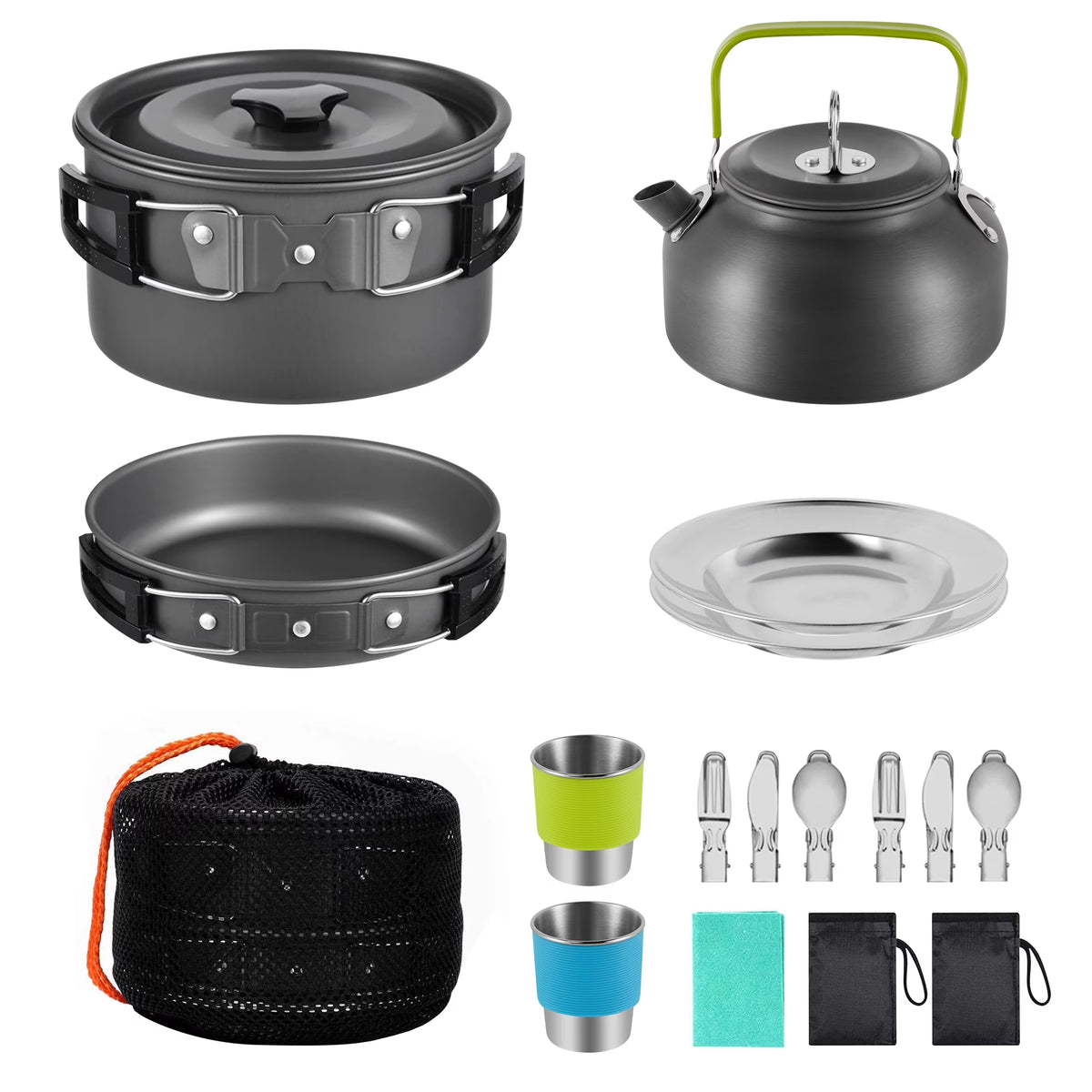 19pcs Non-Stick Camping Cookware Mess Kit with Stainless Steel Cups Plates Forks Knives Spoons E5246