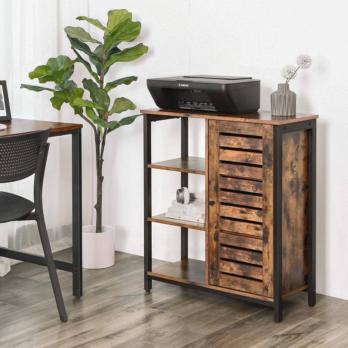 Rustic Brown and Black Storage Cabinet with 3 Open Shelves and Closed Compartments N726