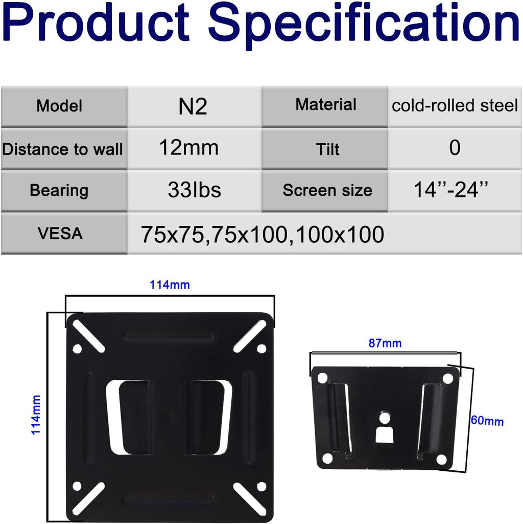 Monitor Mount Low Profile Fixed Wall Bracket for 14-24 Inch TVs, VESA 100x100mm, Pack of 2 J723336