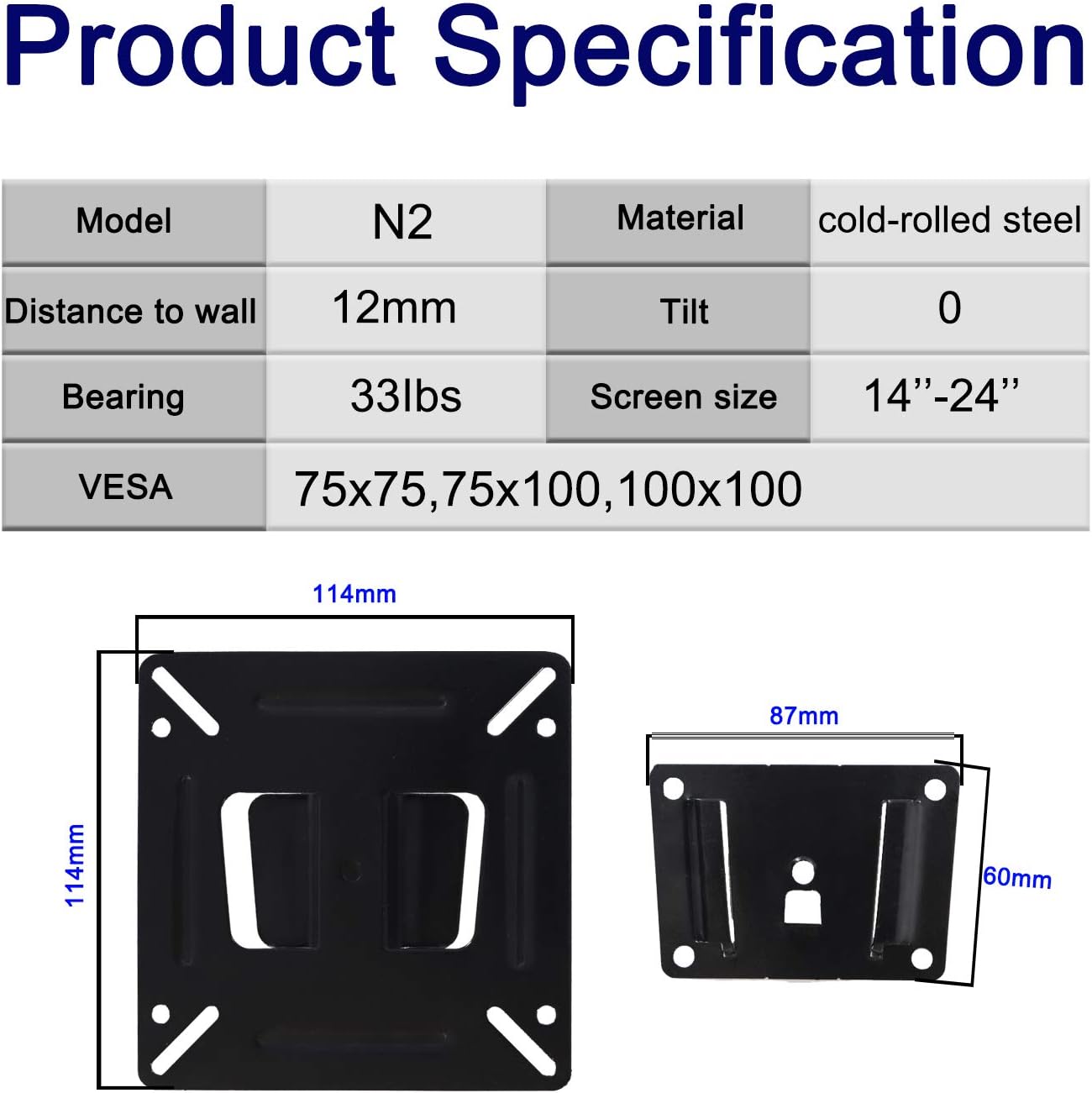 Monitor Mount Low Profile Fixed Wall Bracket for 14-24 Inch TVs, VESA 100x100mm, Pack of 2 J723336