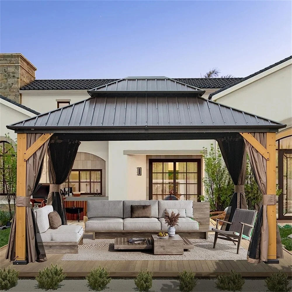 12'x14' Outdoor Wood Frame Hardtop Gazebo with Galvanized Steel Double Roof U541