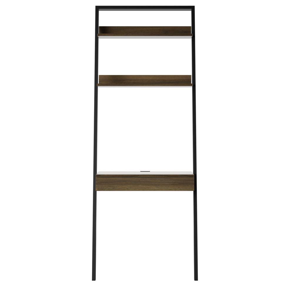 Rectangular Walnut Wood 2-Shelves Ladder Desk with Power Y51603