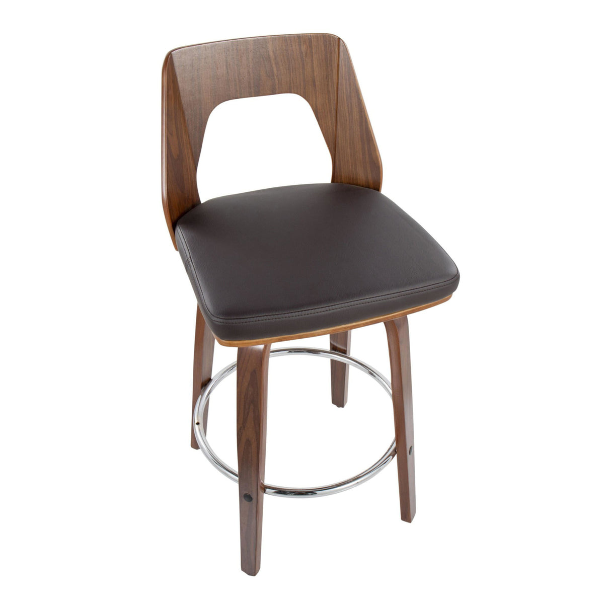 Mid-Century Modern Counter Stool In Walnut And Brown Faux Leather - Set Of 2 H98815