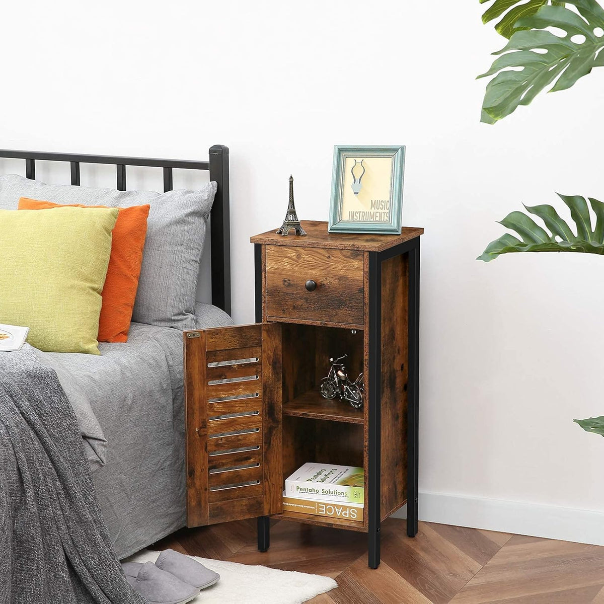 Rustic Brown Storage Cabinet with Drawer and Height-Adjustable Shelves V566
