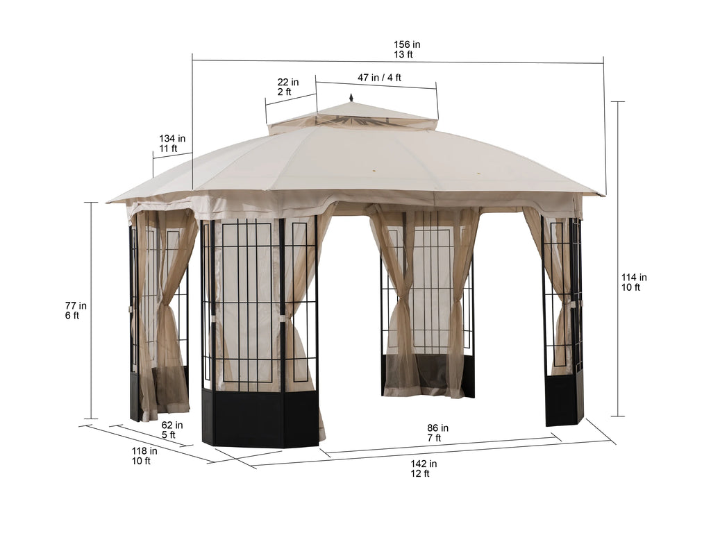 Black Steel Frame 2-Tier Soft Top Octagon Gazebo with Beige Canopy and Mosquito Netting L183829