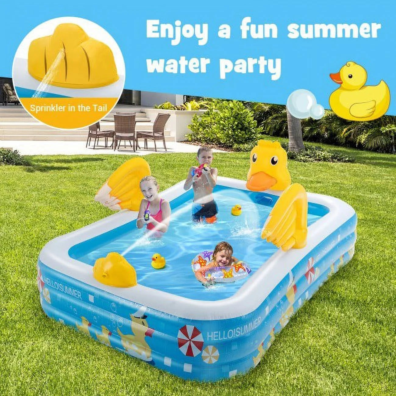 Inflatable Swimming Pool Duck Themed Kiddie Pool with Sprinkler U98206