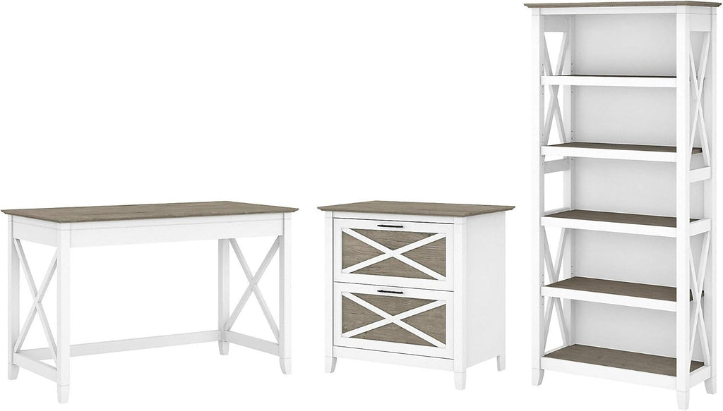 48W Cape Cod Gray Writing Desk with 2 Drawer File Cabinet and 5 Shelf Bookcase E4734