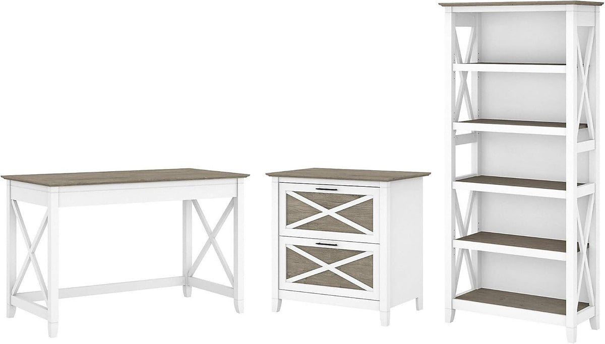 48W Cape Cod Gray Writing Desk with 2 Drawer File Cabinet and 5 Shelf Bookcase E4734